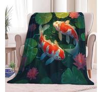 Générique Couverture Polaire Flanelle Poisson Koi De Dessin Animé Feuille De Lotus 130 x 150 cm Moelleuse Couverture Polaire Vert Chaude et Douce en Peluche Plaid, pour Le Salon Chambre Coucher