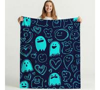 Générique Couverture Polaire Graffiti Minimaliste Mignon Ghoste Moelleuse Douce et Chaude Bleu Cyan Couverture de Voyage, pour Chambre à Coucher, Salon, Bureau 150cm x 150cm