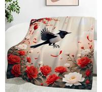 Générique Couverture Polaire Oiseau Noir, Fleurs Rouge-Blanc Imprimée Motif Couverture Lit en Flanelle 2 Personnes Plaid Polaire pour Adultes, 180x200 Microfibre Douce et Chaude SF473