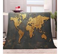 Générique Couvertures en Microfibre 150x200 cm Carte du Monde Dorée avec Motif Gris Foncé Imprimées 3D Couverture Moelleuse Douce Sherpa, Couverture de Canapé Climatisée, Camping pour Adultes Enfants