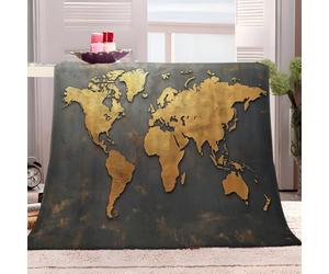 Générique Couvertures en Microfibre 150x200 cm Carte du Monde Dorée avec Motif Gris Foncé Imprimées 3D Couverture Moelleuse Douce Sherpa, Couverture de Canapé Climatisée, Camping pour Adultes Enfants