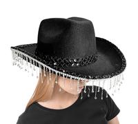 Générique Cowboy Hat, Western Party Headdress, Rhinestone Tassel Design, Trendy Shimmer Finish, Eye-Catching Festival Accessory, Ideal for Masquerade, Music Events, and Costume Parties
