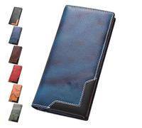 Générique Cowhide Vintage Wallet, Recallcious Cowhide Vintage Wallet, Western Bifold Leather Long Wallets, Big Checkbook Handcrafted Wallets (Blue)