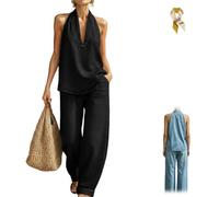 Générique Cozy Minimalist Two-Piece Denim Set,Women's Fashion Halter Denim Sets,Sleeveless Halter Neck Top and Wide Leg Pant Denims Set (Black, S)