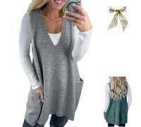 Générique Cozy Pocket Sweater Vest,Womens Sleeveless Ribbed Vest Pullover Dress,V Neck Loose Knit Casual A Line Flattering Tunic Top