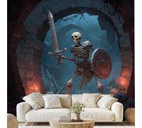 Générique Crâne Guerrier Bouclier Épée Papier Adhesif Vintage Pierre Arch Mural Architecture Médiévale Papier Peint 3D Effet 200x150 cm pour Salle de Bain Salon Chambre