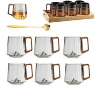 Générique Creative Mountain Bottom Wooden Handle Glass Cup, 450ml Retro Smokey Gray Clear Slanted Coffee Cups, Heat Cold Resistant Whiskey Mug for Tea and Cocktail Lovers