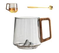 Générique Creative Mountain Bottom Wooden Handle Glass Cup, 450ml Retro Smokey Gray Clear Slanted Coffee Cups, Heat Cold Resistant Whiskey Mug for Tea and Cocktail Lovers