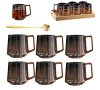 Générique Creative Mountain Bottom Wooden Handle Glass Cup, 450ml Retro Smokey Gray Clear Slanted Coffee Cups, Heat Cold Resistant Whiskey Mug for Tea and Cocktail Lovers