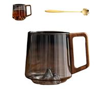 Générique Creative Mountain Bottom Wooden Handle Glass Cup, 450ml Retro Smokey Gray Clear Slanted Coffee Cups, Heat Cold Resistant Whiskey Mug for Tea and Cocktail Lovers
