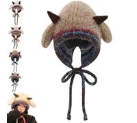 Générique Creative Sheep Horn Beanie Hat for Women, Warm Cute Winter Crochet Hat Knit with Ear Protection Warm Headgear (Khaki)