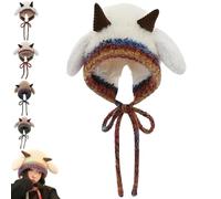 Générique Creative Sheep Horn Beanie Hat for Women, Warm Cute Winter Crochet Hat Knit with Ear Protection Warm Headgear (White)