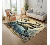 Générique Créatures Marines Requin Tapis Antidérapant 80x150cm - Paysage Vintage Abstrait Imprimé Ne perd Pas Ses Poils - Tapis Lavable pour Salon, Chambre à Coucher, Salle à Manger, Descente de Lit