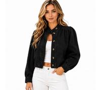 Générique Cropped Denim Jean Jacket for Women, 2026 Fall Button Down Long Sleeve Mock Neck Casual Coat, for Work,Office,Going Out (Black,TG)