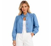 Générique Cropped Denim Jean Jacket for Women, 2026 Fall Button Down Long Sleeve Mock Neck Casual Coat, for Work,Office,Going Out (Dark blue,M)