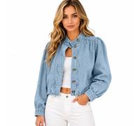 Générique Cropped Denim Jean Jacket for Women, 2026 Fall Button Down Long Sleeve Mock Neck Casual Coat, for Work,Office,Going Out (Light blue,S)