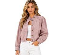 Générique Cropped Denim Jean Jacket for Women, 2026 Fall Button Down Long Sleeve Mock Neck Casual Coat, for Work,Office,Going Out (Pink,Grand)