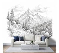 Générique Croquis Extérieur Paysage Papier Peint Intissé 400 x 280 cm | Papier Peint Mural Conifères en Noir et Blanc Sommets Nuages pour Salon Chambre D'enfant Cuisine Salle à Mange