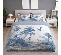 Générique Croquis Île Palmier Oiseau - Parure de lit - 3 Piezas,Bleu Marine Blanc Microfibra Housse Couette 150 x 200 y Taie d'oreiller 65 x 65(2) - Housse Couette avec Fermeture Éclair