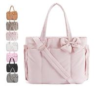 Générique Crush Bow Tote Bag for Women, Lightweight Puffy Quilted Bow Handbag Shoulder Bag, 23L, for Work, Gym, Travel (Lotus Pink)