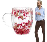 Générique Cups With Dried Flowers - Glass 300ml 5.5x8.5x11cm | Double Walled Clear Coffee Cup With Handle, Beverage Drinking Glass | Home Coffee Cup For Hot Cold Drinks Home Office Cafe Use