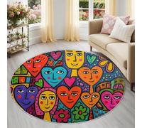 Générique Cœur Visage Doux Tapis Rond 90 cm, Art Populaire Tapis de Chambre Antidérapant, Multicolore Poil Ras Lavable pour Salon & Coin Lecture
