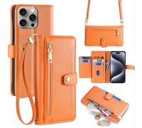 Générique Cute Leather Wallet Case for iPhone 12/13/14/15/16 Series, with Card Holder, Detachable Strap & Stand Function, Stylish Cover for Women (for iPhone 16,Orange)