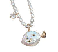 Générique Cute Pearl Fish Zircon Pendant Necklace, Natural Pearl Irregular Fish Shape Women Pendant, Summer Beach Ocean Jewelry Clavicle Chain for Anniversary Birthday Gift