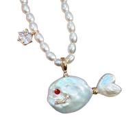 Générique Cute Pearl Fish Zircon Pendant Necklace, Natural Pearl Irregular Fish Shape Women Pendant, Summer Beach Ocean Jewelry Clavicle Chain for Anniversary Birthday Gift