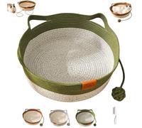 Générique Cutypet Cat Basket Bed, Pets Hand Woven Cotton Bed Basket with Toy Tail, Round Cat Sleeping Nest with Built-in Scratching Pad and Play Ball for Cats and Dogs All-Season (Green,M)