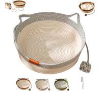 Générique Cutypet Cat Basket Bed, Pets Hand Woven Cotton Bed Basket with Toy Tail, Round Cat Sleeping Nest with Built-in Scratching Pad and Play Ball for Cats and Dogs All-Season (Gray,S)