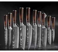 Générique Damas Couteau de Cuisines, 10 Pièces Set Couteaux Professionnels Cuisine, Ensemble de couteaux de chef japonais en Bois, Ustensile de cuisine opaque en acier inoxydable