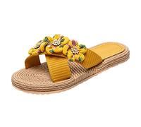 Générique Dames plat fleur floral pantoufles floral plage pantoufles sans lacet plat bout ouvert été décontracté sandales plage Bottillons Mi mollet Noir (Yellow, 42)