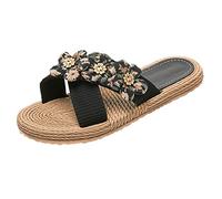 Générique Dames plat fleur floral pantoufles floral plage pantoufles sans lacet plat bout ouvert été décontracté sandales plage Bottillons Mi mollet Noir (37)