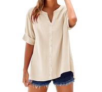 Générique Deals+ Chemisier Femme Chic et élé Chemise Femme Lin T-Shirt Manches Longues Col V Bouton Tshirt Couleur Unie Lâche Respirant Coton Lin Tunique Grande Taille Tops Pas Cher