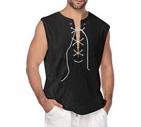 Générique Débardeur Homme Lin Coupe Large, Haut Sans Manches Décontracté avec Col Chemise et Liens, Maillot de Corps Respirant pour l'Été, Tank Top Homme Casual, Tunique Légère