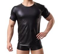 Générique Débardeur métallisé brillant pour hommes, T-shirts de maillot de corps à manches courtes en cuir PVC, t-shirts moulants à col rond Clubwear, T-shirt de danse slim noir