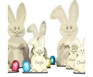 Générique Décoration de Pâques personnalisée en Bois - Lapin avec prénom - Décoration de Table Pâques - Marque-Place Famille - Cadeau Pâques personnalisé (Taille C - 9cm)