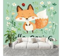 Générique Décoration Murale Murale Papier Peint 200x140cm Animal Renard Plante Protection UV Poster Mural Intissé Vert Clair Poster Décoration - Salon Appartement - Photo d'art Tableaux Muraux