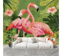Générique Décoration Murale Murale Papier Peint 300x210cm Plante Feuilles Flamant Rose Protection UV Poster Mural Intissé Vert Poster Décoration - Salon Appartement - Photo d'art Tableaux Muraux