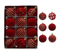 Générique Décorations de Noël Boules de Sapin en Velours, 12 Pièces Boules Peluchées Rouge Bordeaux et Or avec Attaches Métal et Cordon, Élégantes et Inratables, Décoration Festive (Rouge)