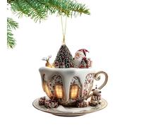Générique Décorations De Noël en Forme De Tasse De Chocolat Chaud, Décorations De Noël en Forme De Tasse À Café, Pendentif en Acrylique 2D en F-Orme De T-asse À Café avec Maison Enneigée