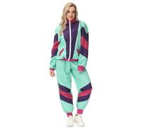 Générique Deguisement Année 80 Ensemble Zippé Fitness Costume Carnaval Style Rétro Disco Hippie Veste Et Pantalon Manches Longues Jogging Survêtement Multicolore Ensemble Soirée Costume Tenue