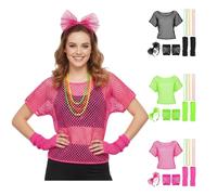 Générique Déguisement Année 80 Femme Tenue Filet Noir - Set 10 Pièces avec T-Shirt Résille Jambières Colliers Perles & Bandeau - Costume Adulte Accessoires Néon pour Carnaval Soirée à Thème