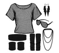 Générique Deguisement Annee 80s Accessoire,Tenue de Soirée Disco Néon des Années 90s,T-shirt,Tutu,Bracelet,Sac Banane,Tenu Année Thème Carnaval Femme,Déguisement Carnaval Fille,kaléidoscope couleurs