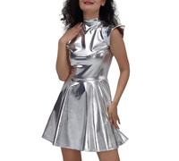 Générique Déguisement Astronaute Femme Costume Space Cadet en Tulle Tutu Combinaison Spatiale Métallique Zippée sans Manches Costume Carnaval Halloween Mascarade