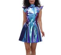 Générique Déguisement Astronaute Femme Costume Space Cadet en Tulle Tutu Combinaison Spatiale Métallique Zippée sans Manches Costume Carnaval Halloween Mascarade