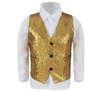 Générique Deguisement Carnaval Enfant Garcon Gilet Paillettes sans Manches, Costume Spectacle Magie Cirque, Tenue Fête Garçon Brillant, Veston Cérémonie Chic(Gold, 7-8 Years)