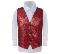 Générique Deguisement Carnaval Enfant Garcon Gilet Paillettes sans Manches, Costume Spectacle Magie Cirque, Tenue Fête Garçon Brillant, Veston Cérémonie Chic(Red, 11-12 Years)