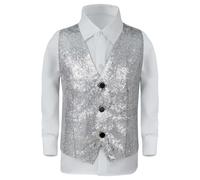 Générique Deguisement Carnaval Enfant Garcon Gilet Paillettes sans Manches, Costume Spectacle Magie Cirque, Tenue Fête Garçon Brillant, Veston Cérémonie Chic(Silver, 5-6 Years)